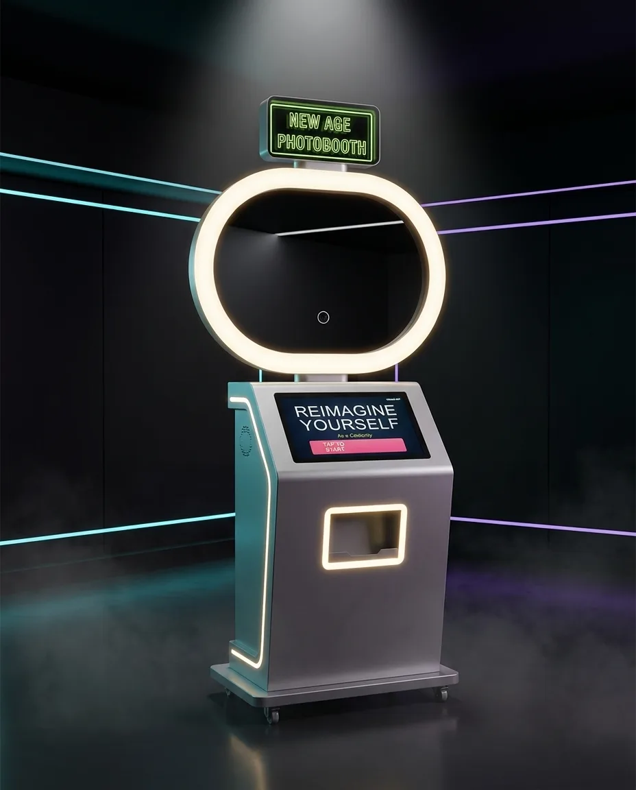 Pikcha AI Photo Booth — cinematic studio render with ring light and touchscreen
